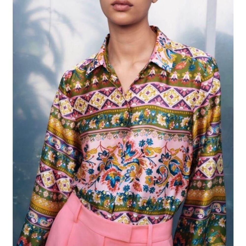 Zara Blouse Top Satin Floral Abstract Button Down Shirt Collared Multicolor XS